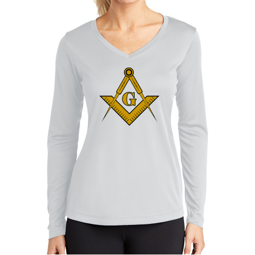  Womens White Performance Long Sleeve V Neck Shirt - G Compass Logo