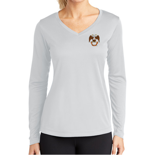  Womens White Performance Long Sleeve V Neck Shirt - 32 Spes Mea in Deo