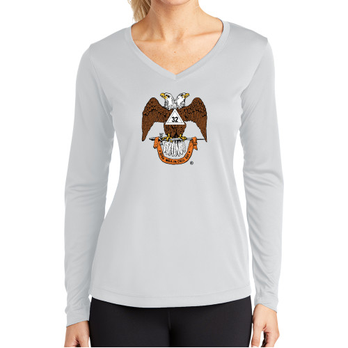  Womens White Performance Long Sleeve V Neck Shirt - 32 Spes Mea in Deo