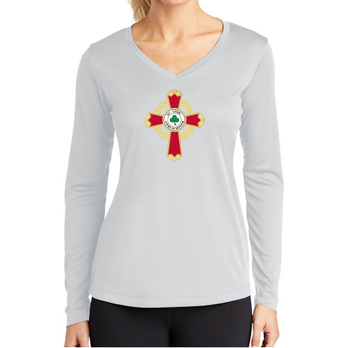  Womens White Performance Long Sleeve V Neck Shirt - Court of Honour
