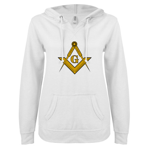  ENZA Womens White V Notch Raw Edge Fleece Hoodie - G Compass Logo