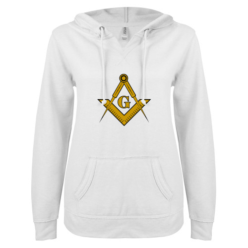  ENZA Womens White V Notch Raw Edge Fleece Hoodie - G Compass Logo