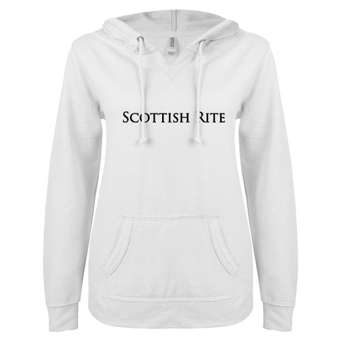  ENZA Womens White V Notch Raw Edge Fleece Hoodie - Scottish Rite Wordmark