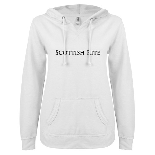  ENZA Womens White V Notch Raw Edge Fleece Hoodie - Scottish Rite Wordmark
