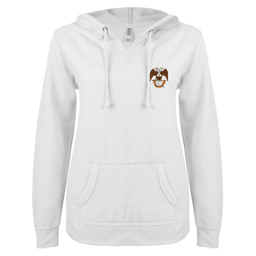  ENZA Womens White V Notch Raw Edge Fleece Hoodie - 32 Spes Mea in Deo