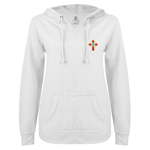  ENZA Womens White V Notch Raw Edge Fleece Hoodie - Court of Honour