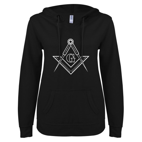  ENZA Womens Black V Notch Raw Edge Fleece Hoodie - G Compass Logo