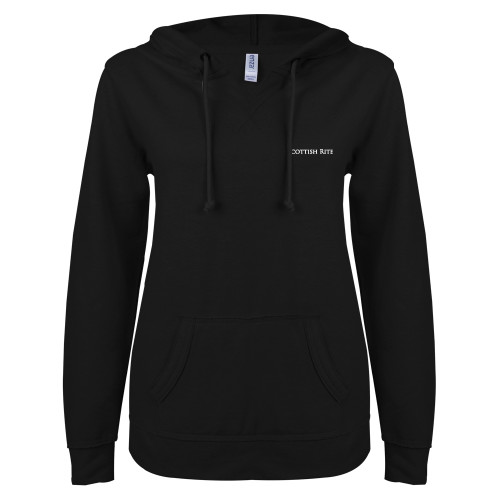  ENZA Womens Black V Notch Raw Edge Fleece Hoodie - Scottish Rite Wordmark