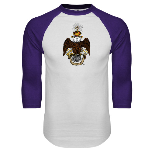  White/Purple Raglan Baseball T Shirt - 33 Deus Meumque Jus