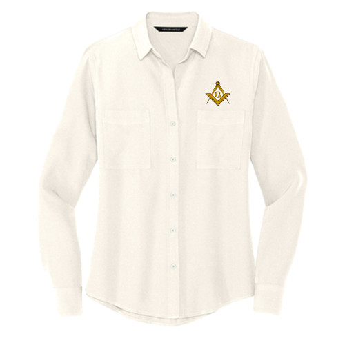  Mercer + Mettle Womens Ivory Crepe Long Sleeve Camp Blouse - G Compass Logo