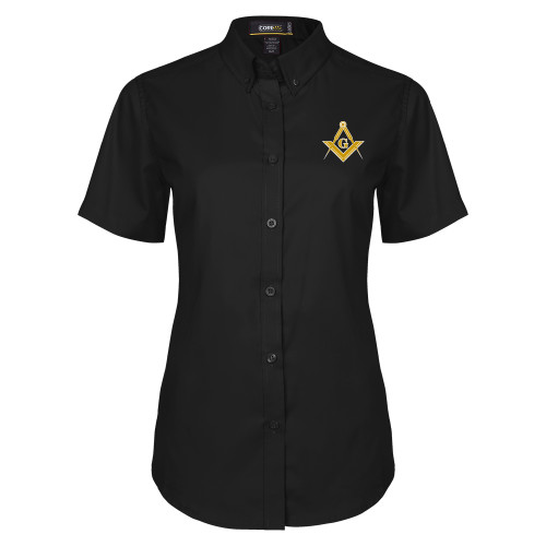  Womens Black Twill Button Up Short Sleeve - G Compass Logo