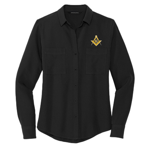  Mercer + Mettle Womens Black Crepe Long Sleeve Camp Blouse - G Compass Logo