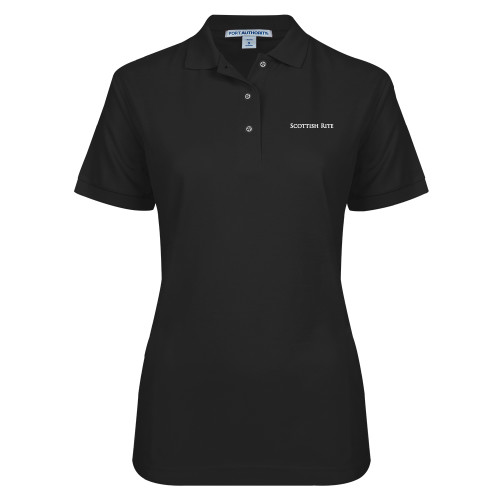  Womens Silk Touch Black Pique Polo - Scottish Rite Wordmark