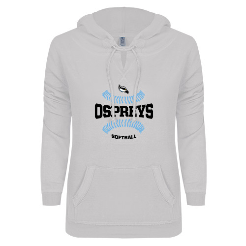  ENZA Womens White V Notch Raw Edge Fleece Hoodie - Softball Design