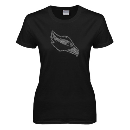  Womens Black Short Sleeve Tee - Osprey Head Graphite Soft Glitter