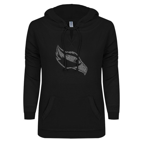  ENZA Womens Black V Notch Raw Edge Fleece Hoodie - Osprey Head Graphite Soft Glitter