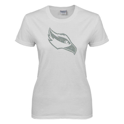  Womens White Short Sleeve Tee - Osprey Head Silver Soft Glitter