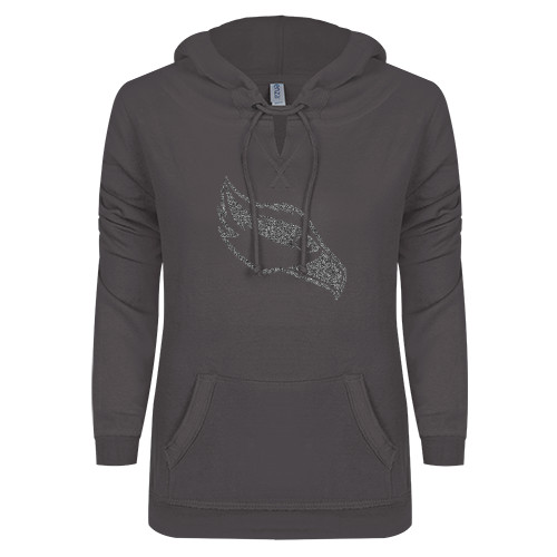  ENZA Womens Dark Heather V Notch Raw Edge Fleece Hoodie - Osprey Head Silver Soft Glitter