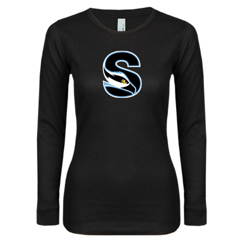  Womens Black Long Sleeve V Neck Tee  - Secondary Logo