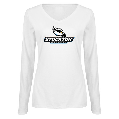  Womens White Long Sleeve V Neck Tee - Official Logo