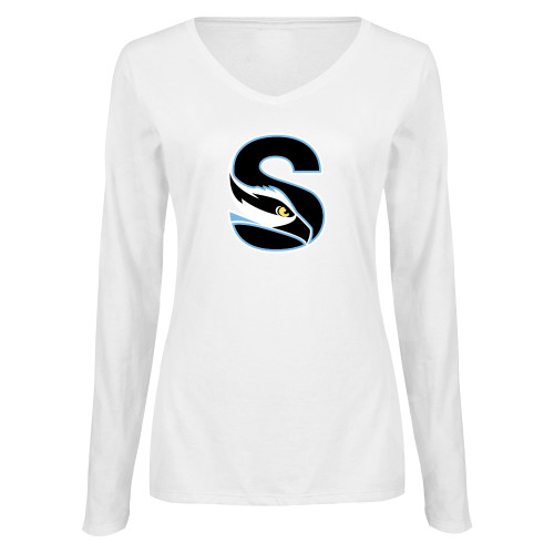  Womens White Long Sleeve V Neck Tee - Secondary Logo