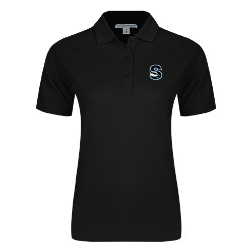  Womens Silk Touch Black Pique Polo - Secondary Logo