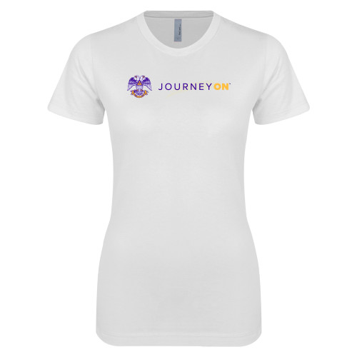  Next Level Womens White Boyfriend Tee - 32 Eagle Freemasons - Journey On Wordmark