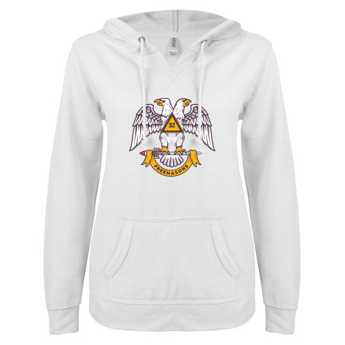  ENZA Womens White V Notch Raw Edge Fleece Hoodie - Freemasons