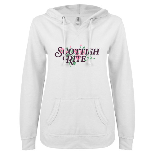  ENZA Womens White V Notch Raw Edge Fleece Hoodie - Scottish Rite Pink Floral