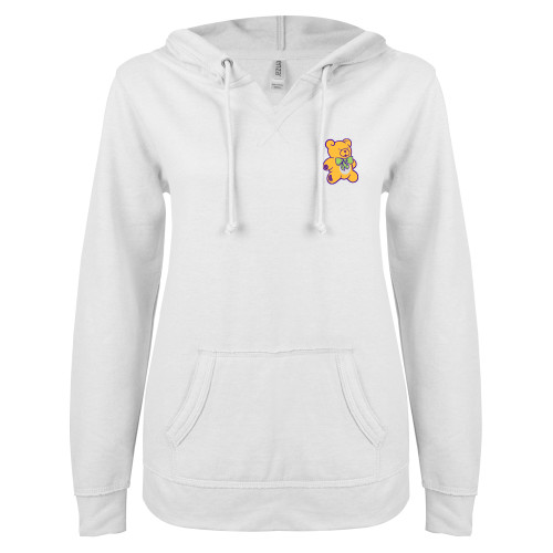 ENZA Womens White V Notch Raw Edge Fleece Hoodie - CDC Bear