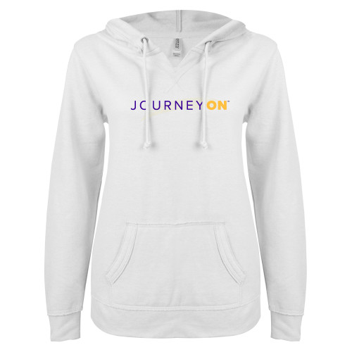  ENZA Womens White V Notch Raw Edge Fleece Hoodie - Journey On Wordmark