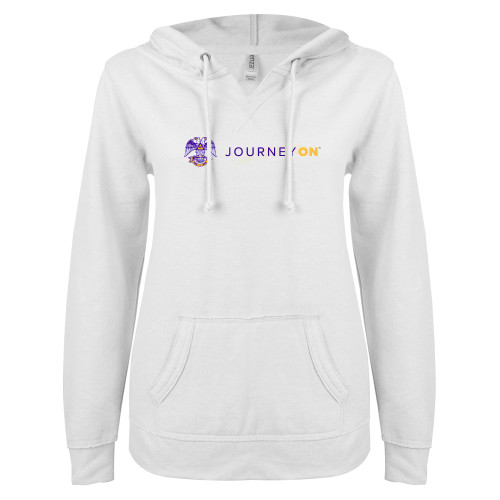  ENZA Womens White V Notch Raw Edge Fleece Hoodie - 32 Eagle Freemasons - Journey On Wordmark