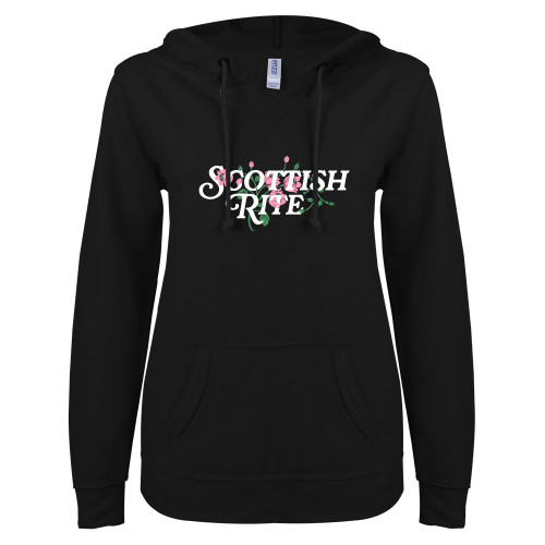  ENZA Womens Black V Notch Raw Edge Fleece Hoodie - Scottish Rite Pink Floral