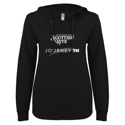  ENZA Womens Black V Notch Raw Edge Fleece Hoodie - Scottish Rite - Journey On Vertical