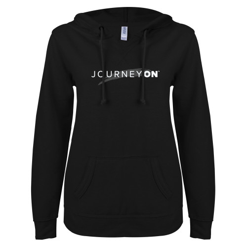  ENZA Womens Black V Notch Raw Edge Fleece Hoodie - Journey On Wordmark