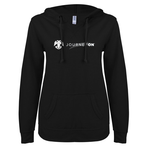  ENZA Womens Black V Notch Raw Edge Fleece Hoodie - 32 Eagle Freemasons - Journey On Wordmark