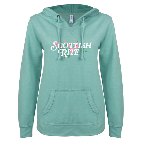  ENZA Womens Seaglass V Notch Raw Edge Fleece Hoodie - Scottish Rite Pink Floral