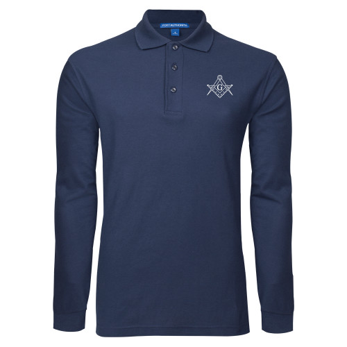  Navy Long Sleeve Polo - Square and Compass with G