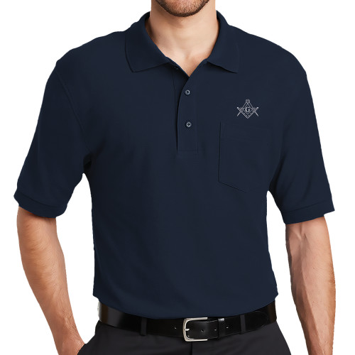  Navy Silk Touch Polo w/ Pocket - Square and Compass with G