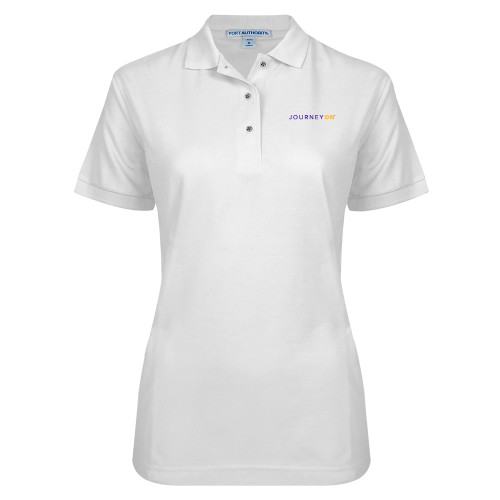  Womens Silk Touch White Pique Polo - Journey On Wordmark
