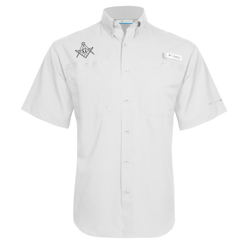  Columbia White Tamiami Performance Short Sleeve Shirt - Square and Compass with G