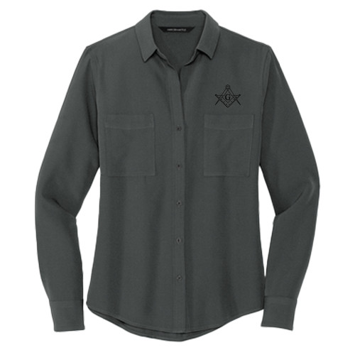  Mercer + Mettle Womens Grey Crepe Long Sleeve Camp Blouse - Square and Compass with G