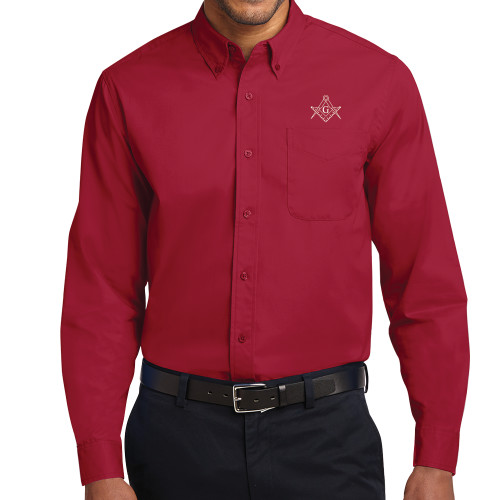  Twill Button Down Long Sleeve Cardinal - Square and Compass with G