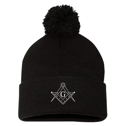  Sportsman Black Pom Pom Cuffed Beanie - Square and Compass with G