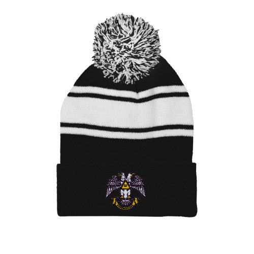  Black/White Two Tone Knit Pom Beanie w/Cuff - Freemasons