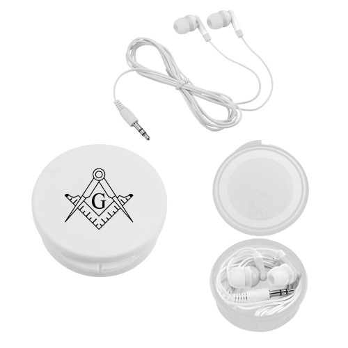  Ear Buds in White Case - Square and Compass with G