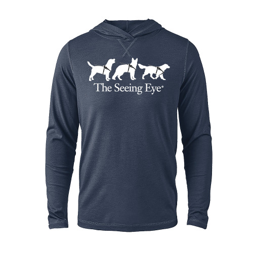  Navy Heather Long Sleeve Hooded Tee - The Seeing Eye 3 Dogs in Harness Logo