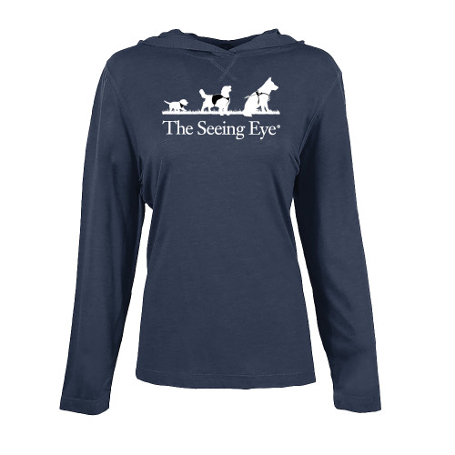  Womens Navy Heather Long Sleeve Hooded Tee - The Seeing Eye pup2harness logo