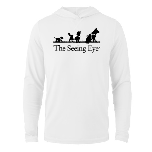  White Long Sleeve Hooded Tee - The Seeing Eye pup2harness logo