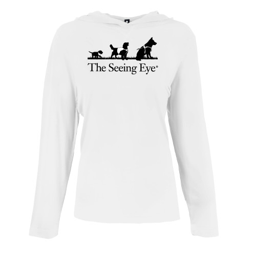  Womens White Long Sleeve Hooded Tee - The Seeing Eye pup2harness logo